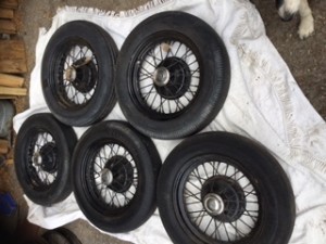 Set of 5 16" Austin seven wheels very clean sound and painted tyres not good but inflated as fitted to export models and grasshopper £450